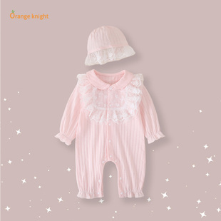 春秋季款婴儿女宝满月周岁连体衣蕾丝花边娃娃领单排扣包屁长爬服