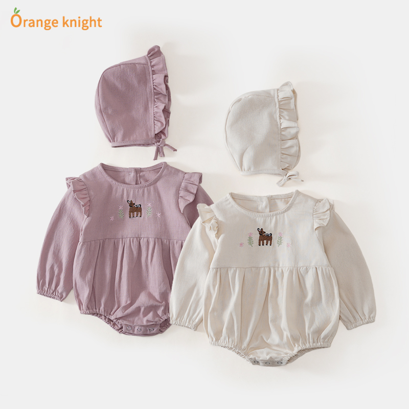 婴儿春装连体衣新生女宝宝三角包屁衣韩系宫廷帽可爱长袖哈衣爬服