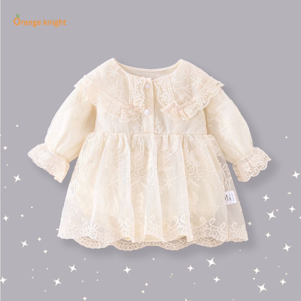 女宝宝春季衣服洋气甜美宫廷风蕾丝裙摆公主长袖包屁哈衣婴儿礼服