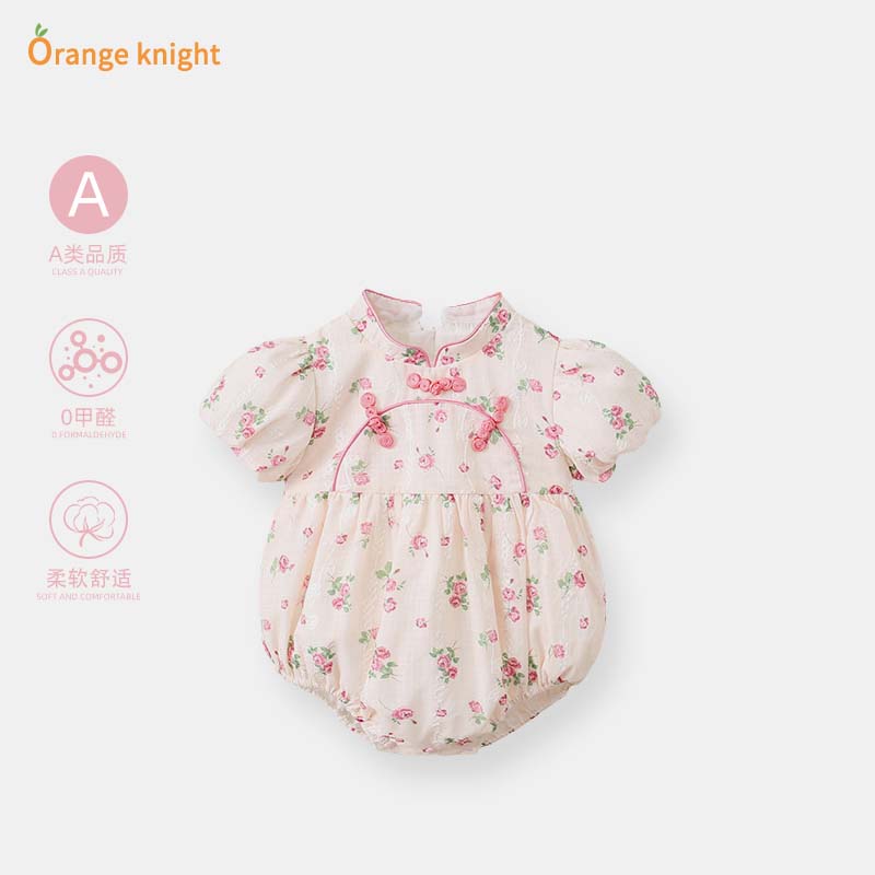 小月龄女宝宝夏季百天周岁衣服婴儿新中式国风旗袍短袖包屁衣薄款