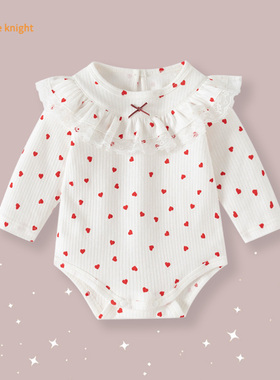 小月龄女宝宝春秋新款爬服甜美可爱软萌爱心蕾丝花边领长袖连体衣