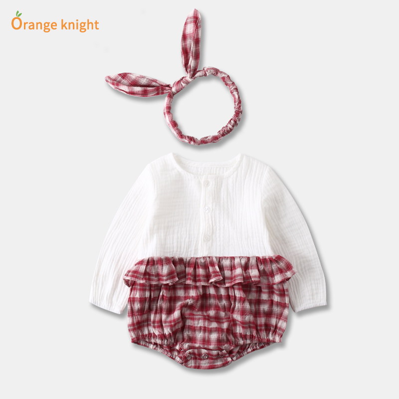 格子三角哈衣新生儿爬服连体衣