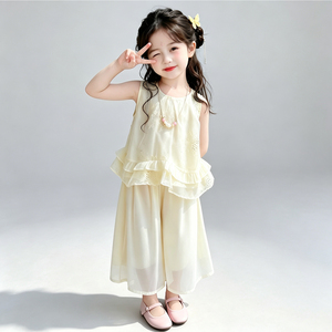 女中小童无袖国风套装2026夏季新款绣花亮钻背心阔腿裤雪纺汉服