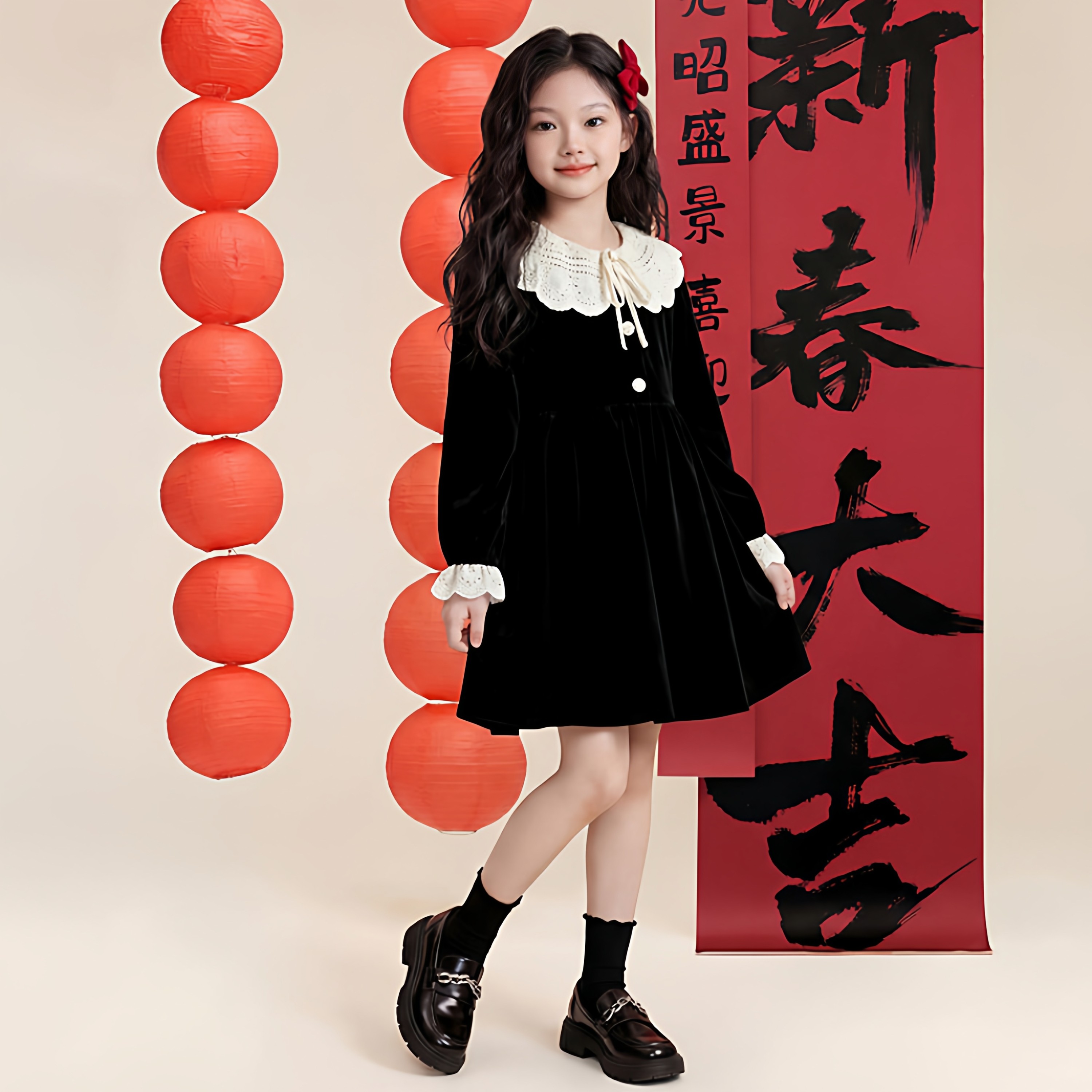 凯之璇女大童流苏花边翻领连衣裙2026年新款春季流行收腰中长裙子