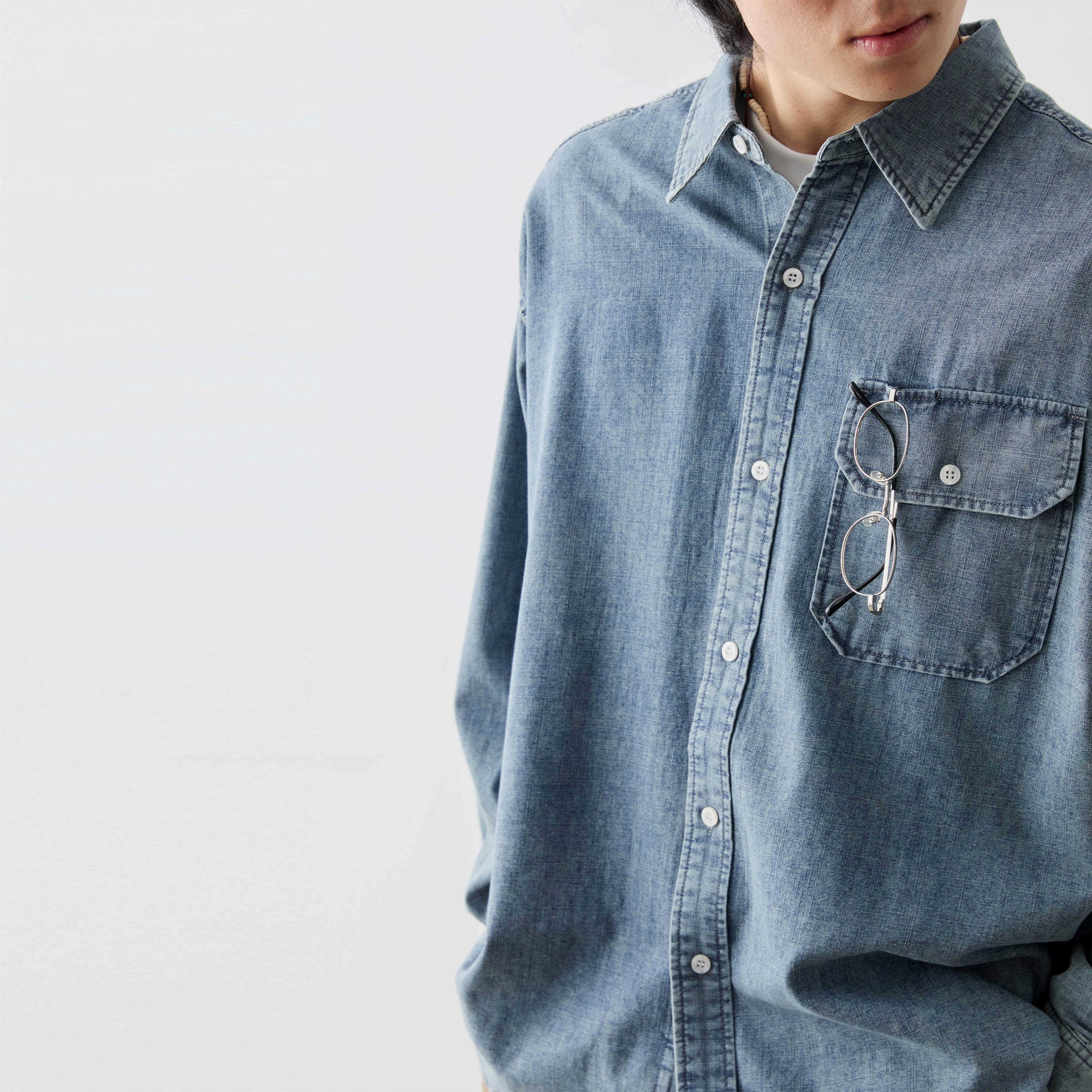 水洗牛仔长袖衬衫贝壳扣设计感贴袋衬衣薄外套