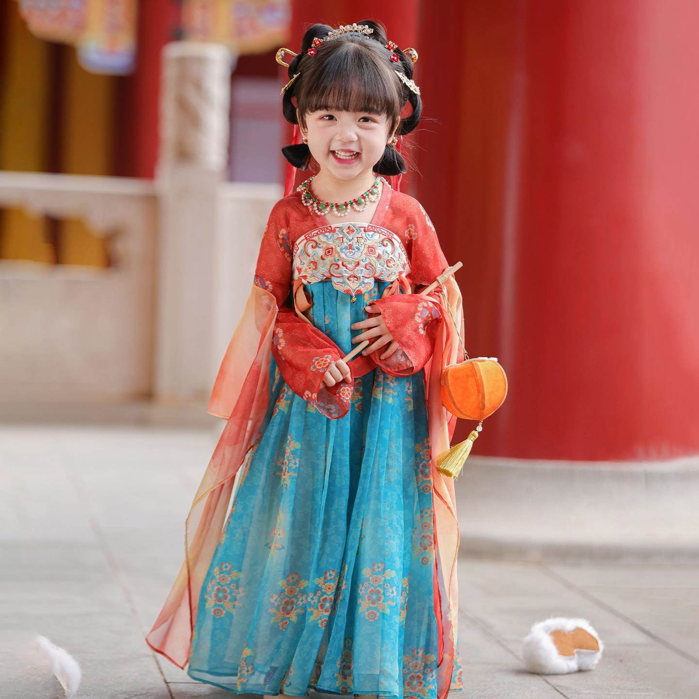 汉服女童春秋款儿童国风中秋节表演服连衣裙女宝宝古装襦裙