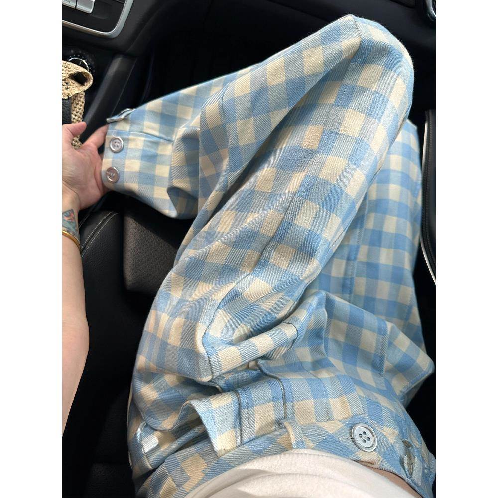 蓝色格子裤女夏季新款胖妹妹梨形身材高腰垂感显瘦阔腿休闲裤子