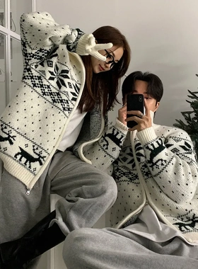 MYQ圣诞氛围感针织开衫男冬季宽松保暖立领毛衣韩系情侣装外套