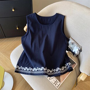 上衣女法式 文艺刺绣花边亚麻无袖 波西米亚风气质简约背心 新款 夏季