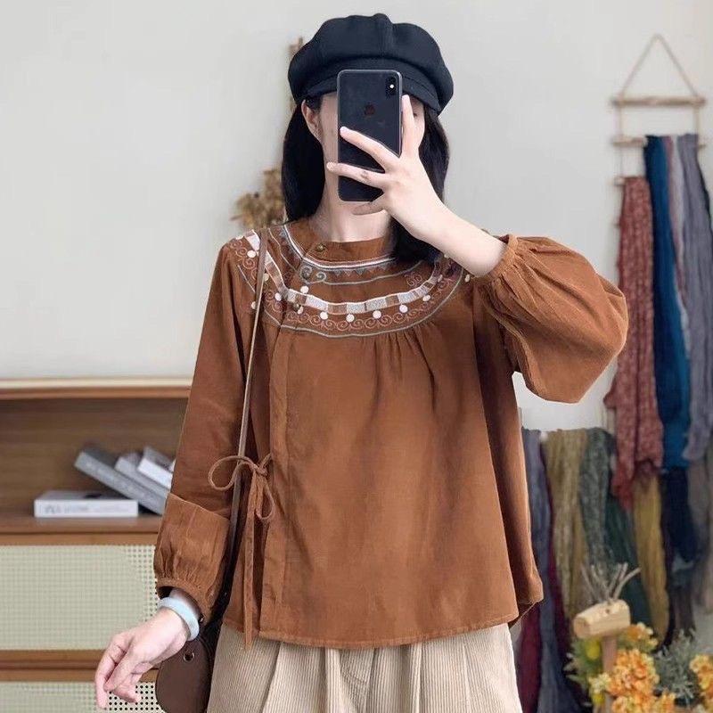 民族风刺绣衬衫2025早秋森系复古文艺斜襟长袖休闲灯笼袖女衬秋衣