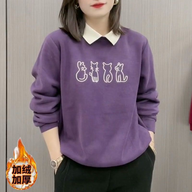 冬季加绒翻领卫衣中年猫咪上衣女