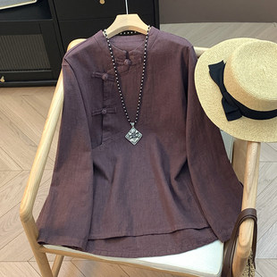 中国风斜襟盘扣棉麻衬衫女长袖佛系文艺春季复古禅意宽松茶服上衣
