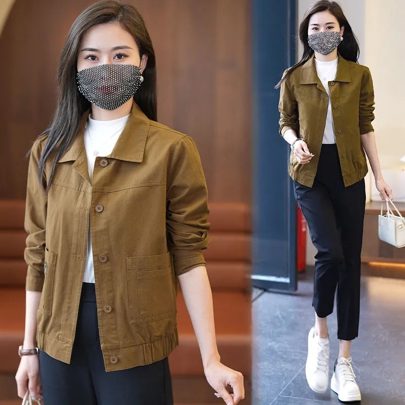 休闲夹克短翻领外套女2025年春秋季中年百搭时尚显瘦开衬工装上衣,女装/女士精品,常规大码外套,淘宝优惠券,粉丝福利购,淘宝优惠卷