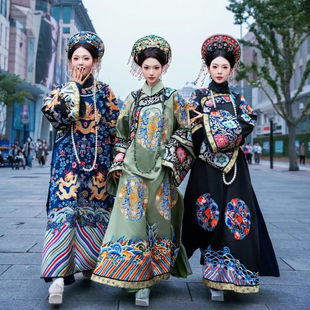 清朝吉服皇后服装故宫写真格格印花宫廷旗服古装贵妃氅衣古风旗装