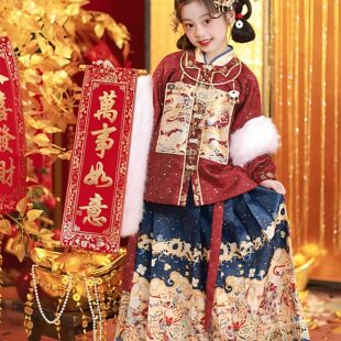 秋冬汉服女童古风拜年服小女孩国风宫廷风马面裙重工刺绣高端制做