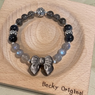 贝奇手作· 天然银曜石蝴蝶结.黑发晶.蓝虎眼.灰月光石手串