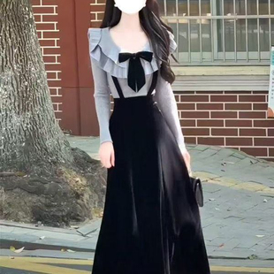 温柔风背带连衣裙套装女秋冬季蝴蝶结荷叶边上衣高腰显瘦半身长裙