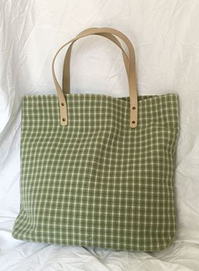 LU小众绿格纹通勤包包大容量单肩托特包文艺简约秋冬厚实帆布包女