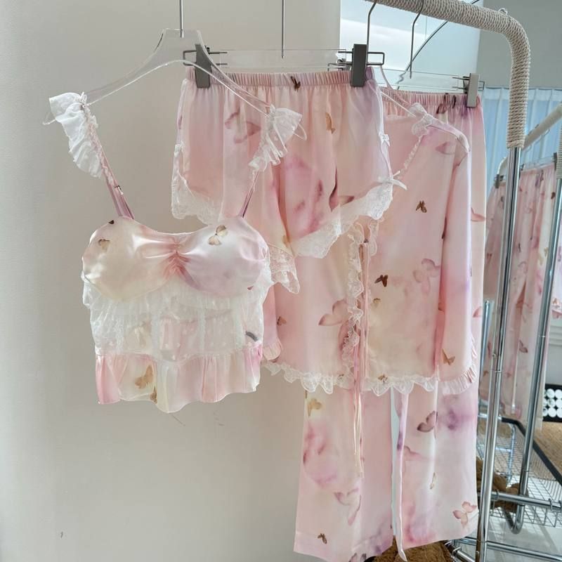 新款带胸垫冰雪丝四件套睡衣女渐变韩式蕾丝套装春秋家居服薄款