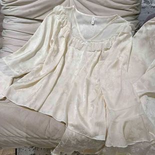 春季 轻复古大方领丝绸家居服可外穿 女睡衣法式 宫廷风冰丝睡衣套装