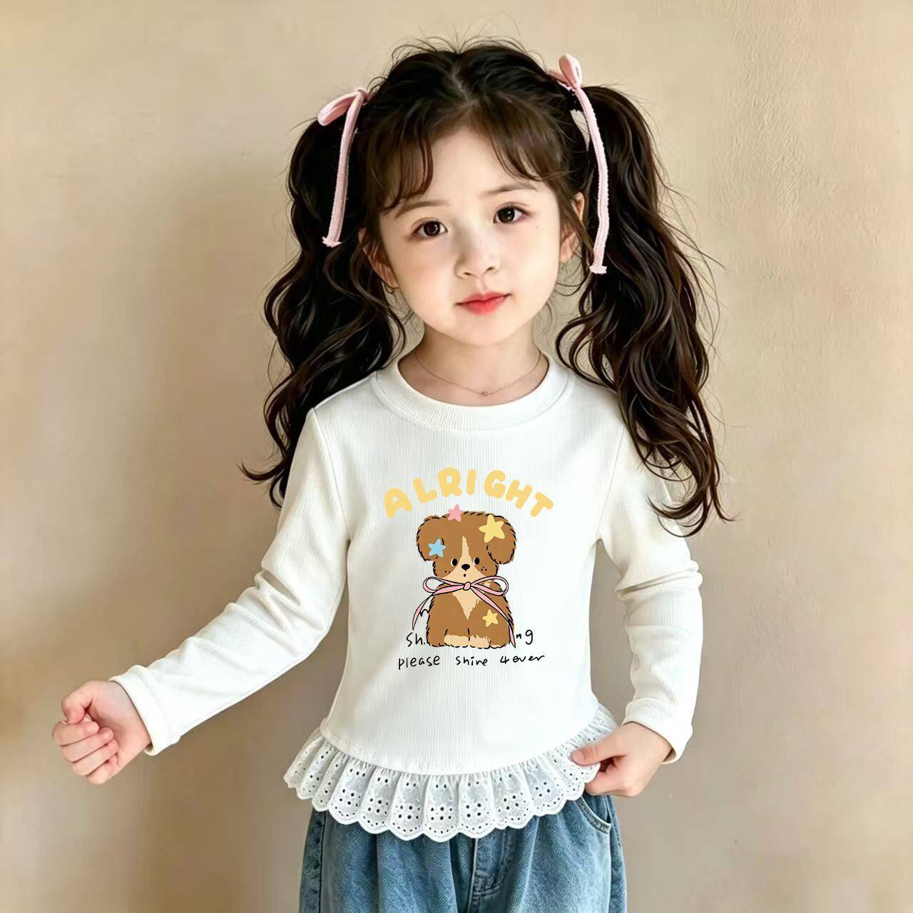 新款蕾丝花边女童洋气春秋T恤小童长袖印花卡通宝宝儿童打底上衣