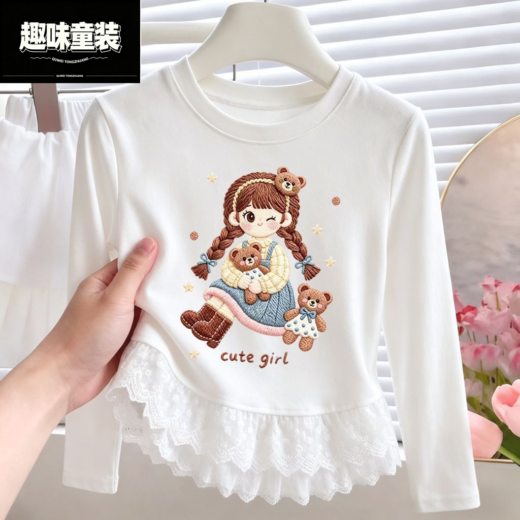 可爱女童蕾丝圆领长袖T恤白色2026新款儿童卡通印花打底上衣时髦t