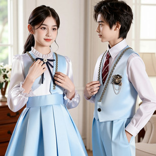 儿童合唱朗诵演出服初中小学生女童蓝色学院风口才演讲比赛礼服装