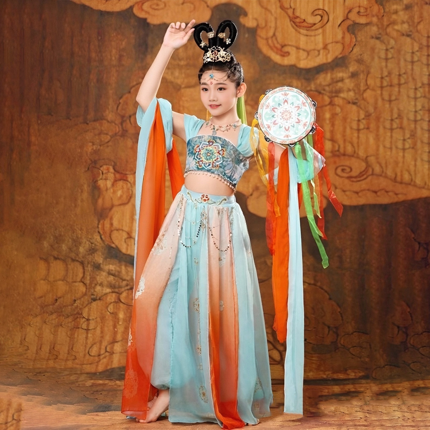 敦煌舞蹈服儿童飞天乐鼓演出服新款女童异域风情表演服上铃鼓服饰