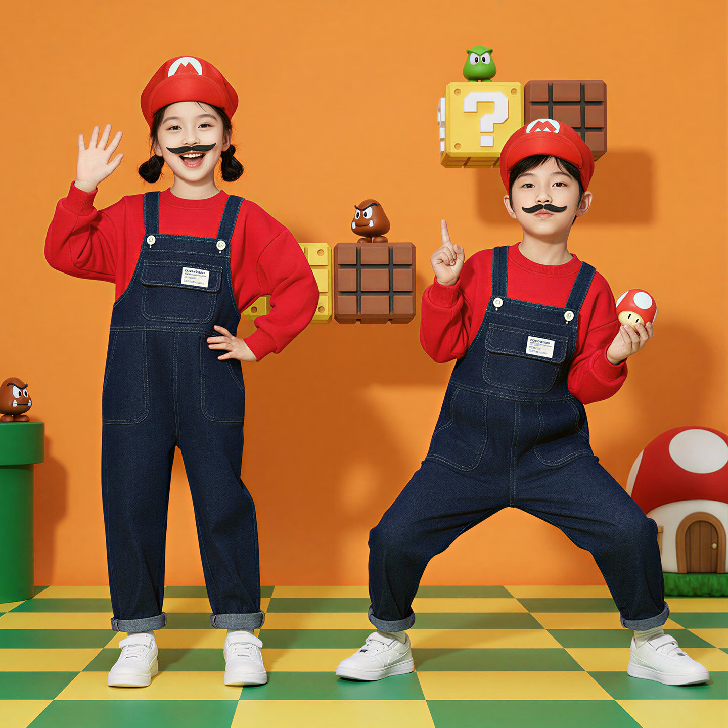 儿童牛仔背带裤演出服小学生马里奥cosplay超级玛丽万圣表演服装