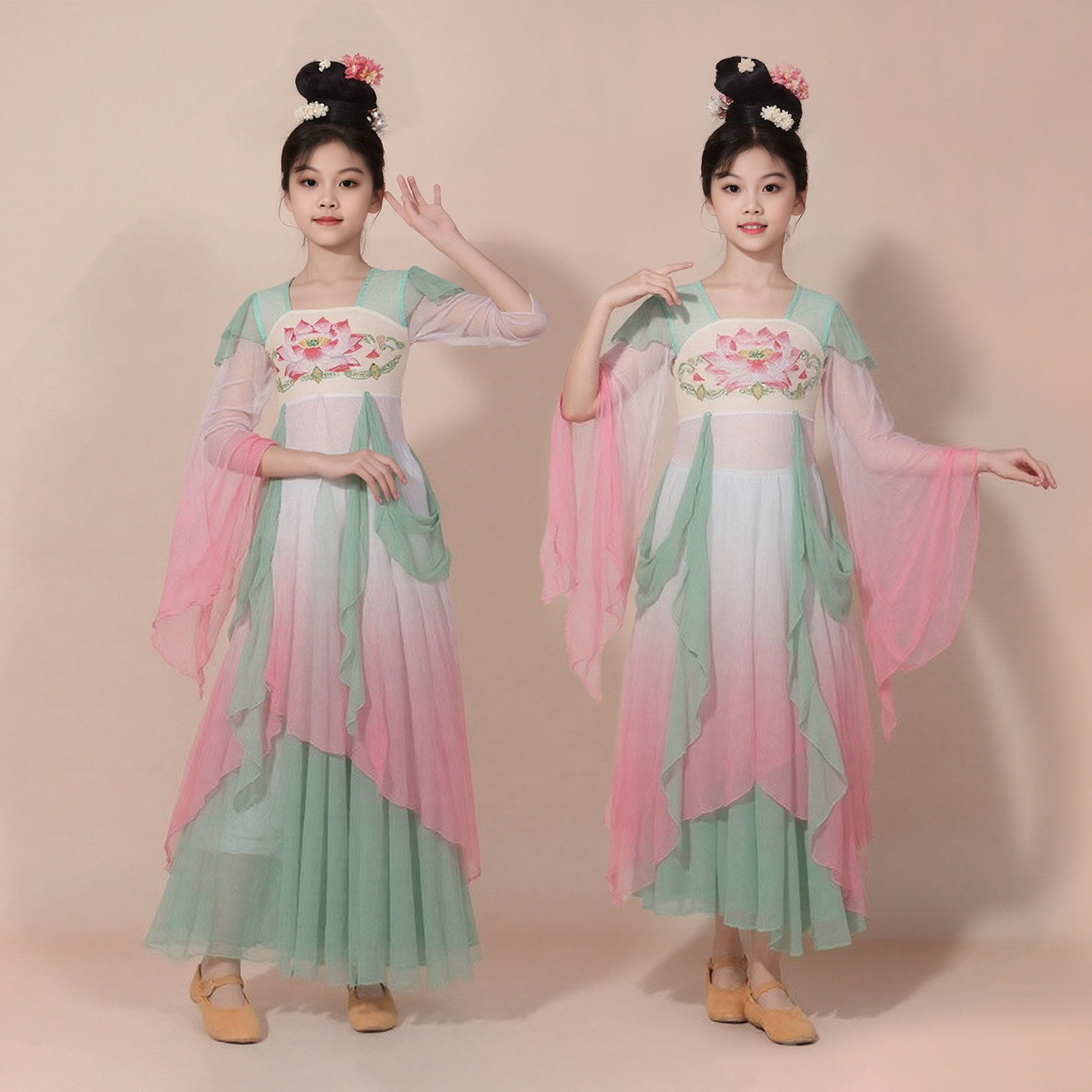 儿童中国舞蹈服飘逸齐胸汉唐纱衣女童古典舞扇子舞演出服装大摆裙