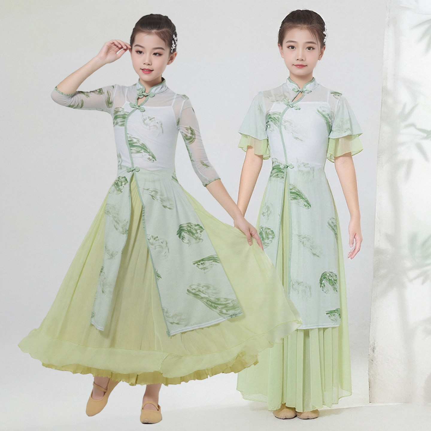 儿童古典舞印花旗袍舞蹈服弹力中国舞练功演出服扇子舞伞舞表演服