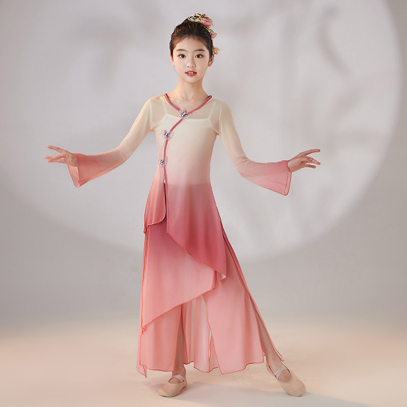 古典儿童舞蹈练功服少儿表演服中国风演出服红色女孩身韵纱衣飘逸