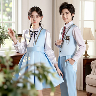 儿童合唱朗诵演出服初中小学生女童蓝色学院风口才演讲比赛礼服装