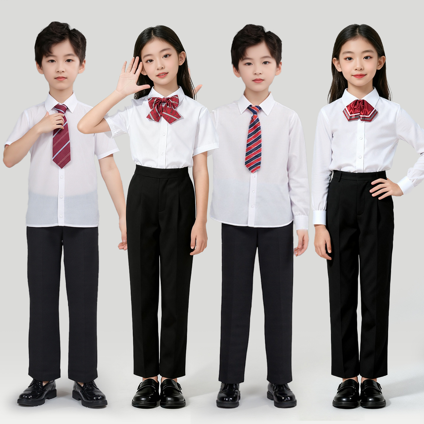 儿童白衬衫长袖男童衬衣黑裤子大合唱女童表演出服小学生班服朗诵