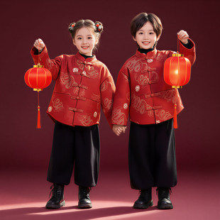 儿童汉服冬季加绒元旦演出服春晚国风汉服红色唐装古筝主持人朗诵