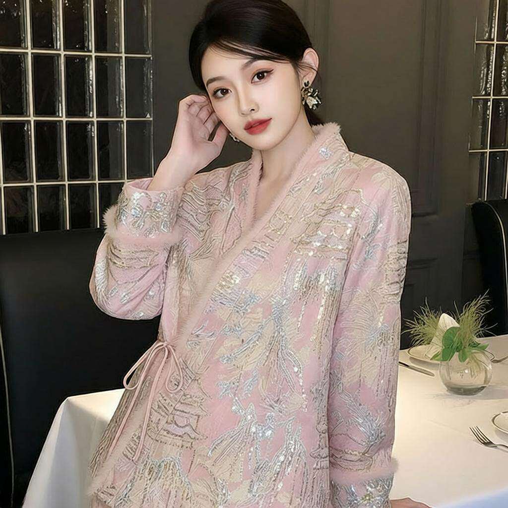 新中式国风羽绒服国风粉调水貂毛