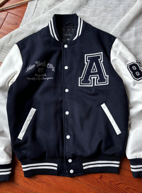 瑕疵处理！100美金 男女同款秋冬毛呢棒球领夹克PU拼接棉衣服外套