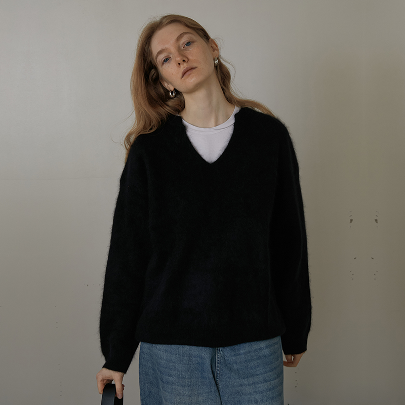 RareRaw/MORO100%山羊绒拉绒羊绒衫V领套头针织衫软糯保暖毛衣女