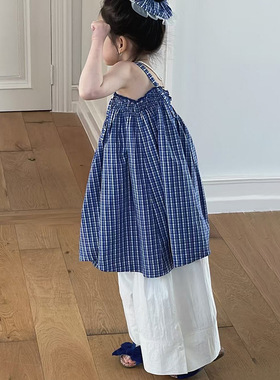 韩版女童2025夏季新款蓝色格子吊带上衣连衣裙百搭阔腿裤两件套潮