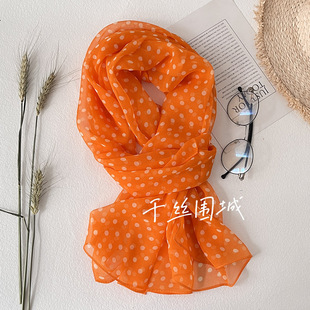 春秋韩版长方形印花圆点女薄款仿真丝防晒夏季丝巾装饰轻薄款纱巾