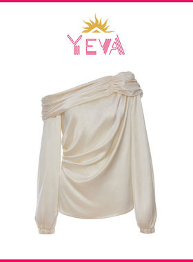 欧洲YEVA高级感一字肩褶皱花朵灯笼袖上衣2026新款超好看露肩上衣