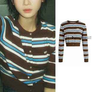 短款 美拉德风蓝咖条纹撞色圆领长袖 毛衣上 针织开衫 欧洲吴谨言同款