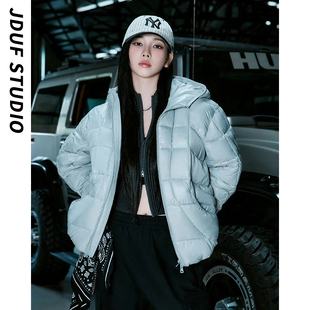 柳智敏同款浅蓝色连帽白鸭绒羽绒服女冬季新款时尚宽松保暖外套
