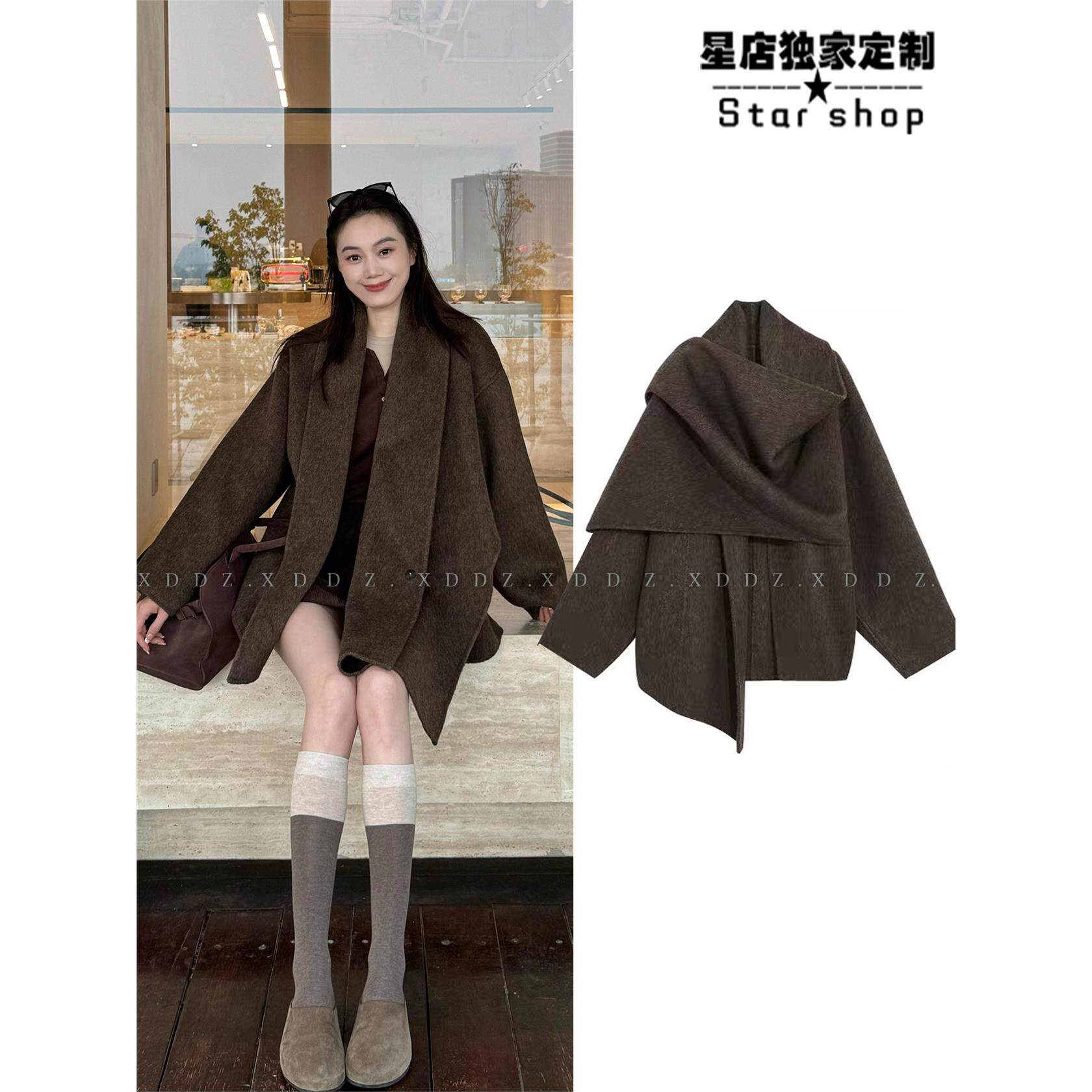 欧洲围巾披肩双面羊绒大衣女2025冬季短款小个子牦牛绒羊毛呢子外