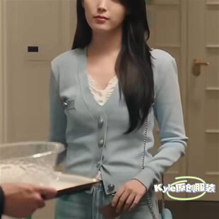 欧洲21世纪大君夫人成熙周IU李知恩同款毛衣开衫蓝色V领短款针织