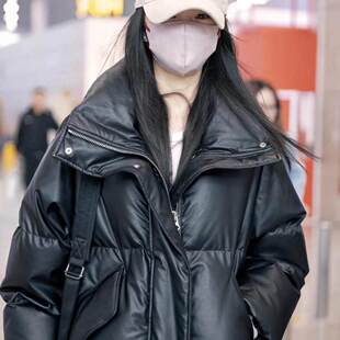 欧洲刘浩存机场同款短款羽绒棉服洋气时尚加厚小个子免洗pu皮立领