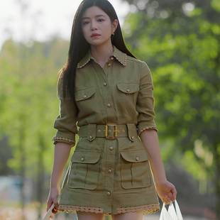 欧洲狙击蝴蝶陈妍希岑矜同款连衣裙春秋翻领收腰衬衫裙子女衣服潮