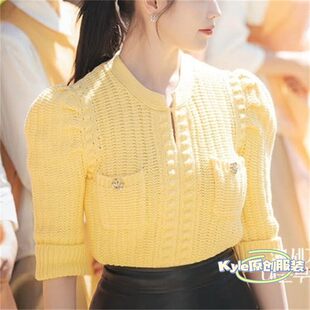 欧洲21世纪大君夫人成熙周IU李知恩同款毛衣黄色五分袖圆领针织衫