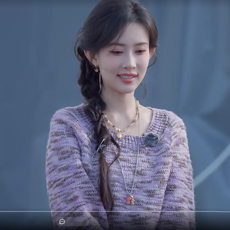 欧洲五十公里桃花坞同款孟子义圆领浅紫色毛衣针织衫上衣春秋新款
