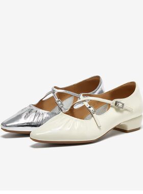 百思图25秋新款牛皮法式尖头粗跟白色玛丽珍鞋女浅口单鞋BN130CQ5